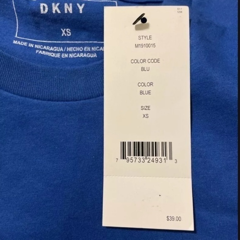 Dkny Womens spell out T-Shirt Blue Brown Short Sleeve Crew Neck new size Xsmall - Picture 2 of 4